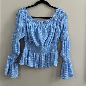 La’ Ven Polka Dot off the shoulder blouse in powder blue size large new
